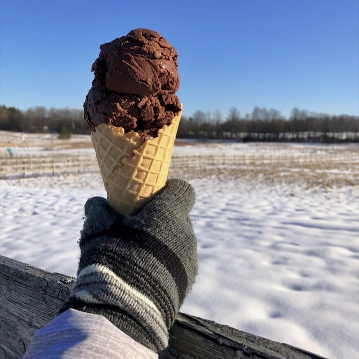 Person holding a waffle cone with chocolate ice cream