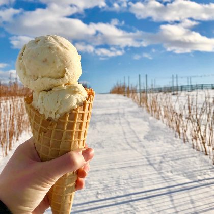 White ice cream cone with yellow Anne raspberries in a waffle cone with on a sunny day in the winter